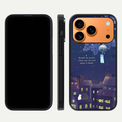 Moonlit Cat Silence Glass Case for iPhone 17 Pro Max front & back layout highlighting calm tones and edge detail