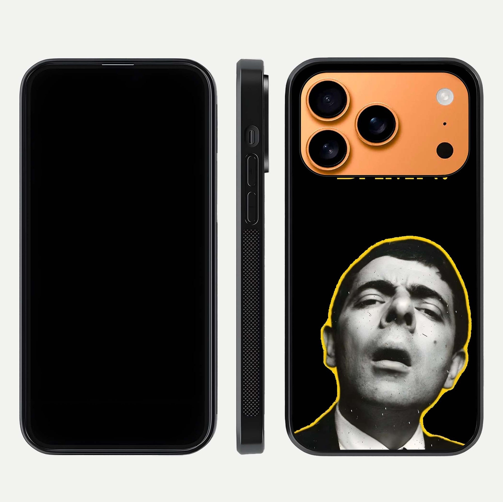 Mr Bean Damn Glass Case for iPhone 17 Pro Max front & back layout displaying fun artwork and curved smooth edges