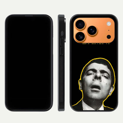 Mr Bean Damn Glass Case for iPhone 17 Pro Max front & back layout displaying fun artwork and curved smooth edges