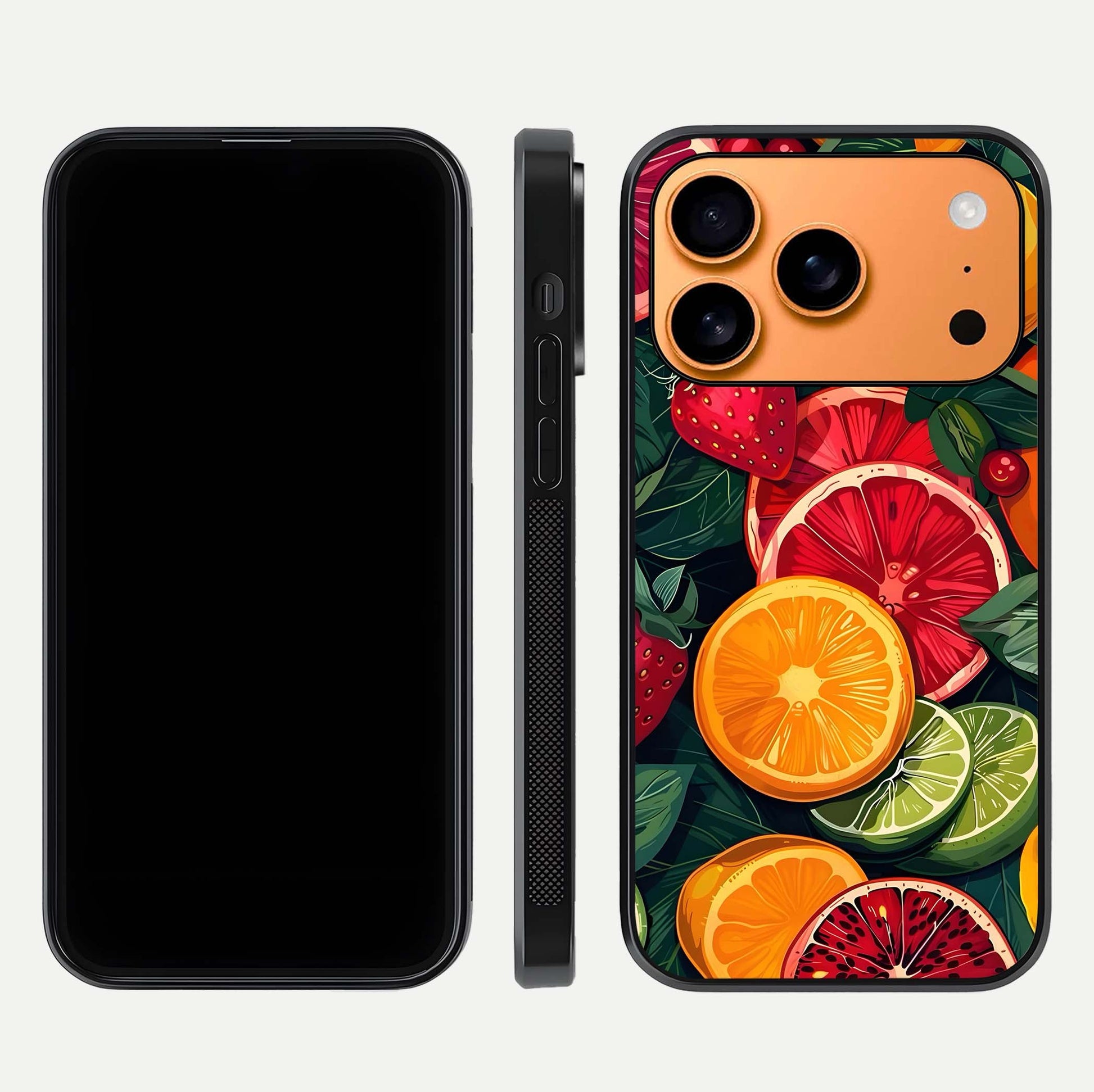 Multiple Fruits Glass Case for iPhone 17 Pro Max front & back layout highlighting vibrant tones and curved edges