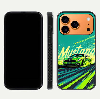 Mustang Bang Glass Case for iPhone 17 Pro Max front & back layout highlighting dark automotive tones and edge detail