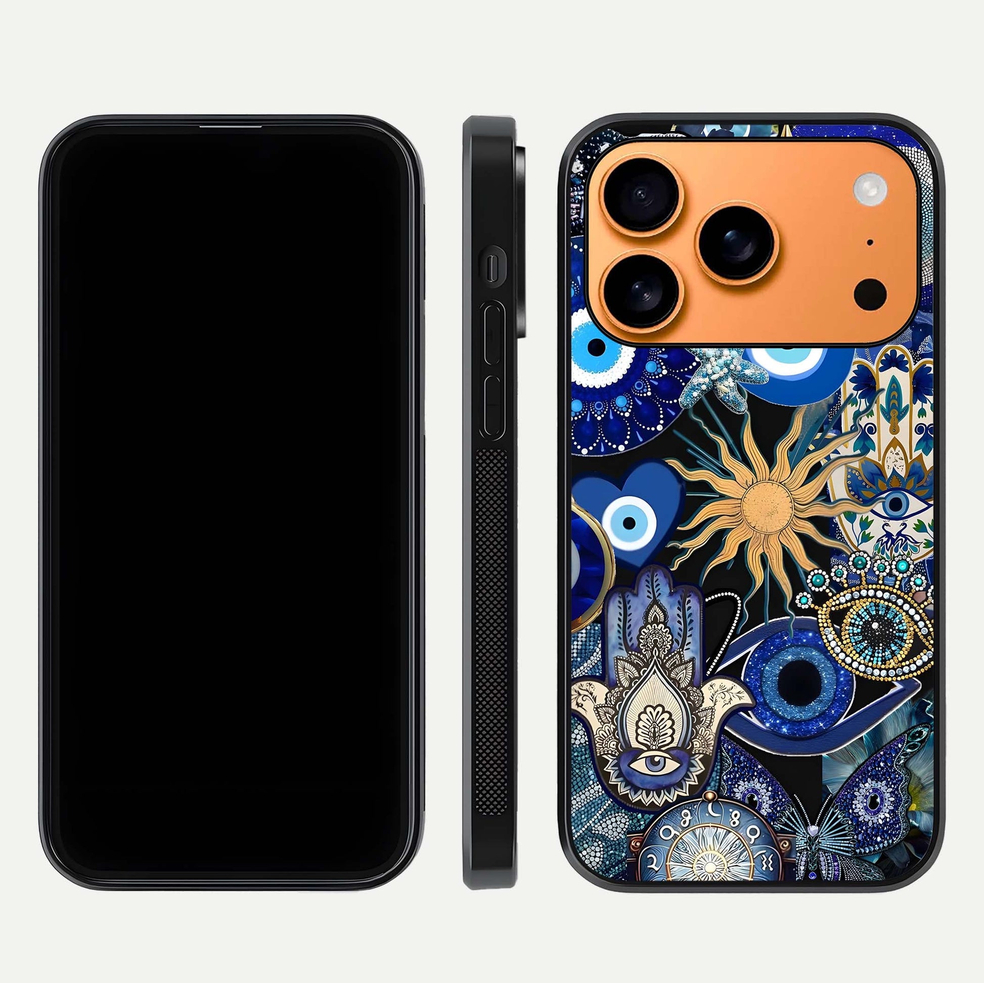 Mystic Blue Evil Eye Glass Case for iPhone 17 Pro Max front & back layout showing elegant tones and edge finish