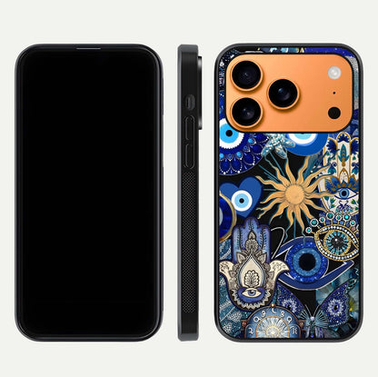 Mystic Blue Evil Eye Glass Case for iPhone 17 Pro Max front & back layout showing elegant tones and edge finish