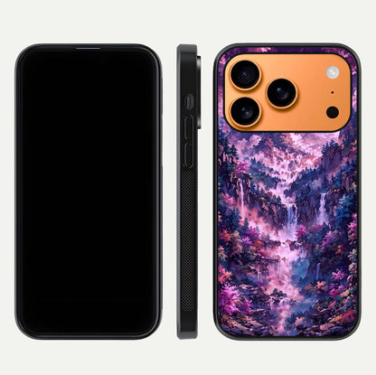 Mystic Cascade Peaks Glass Case for iPhone 17 Pro Max front & back layout highlighting HD landscape tones