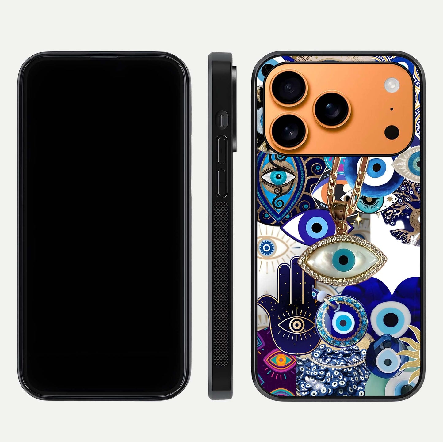 Mystic Charm Eye Glass Case for iPhone 17 Pro Max front & back layout highlighting spiritual design and edges