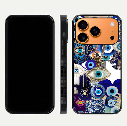 Mystic Charm Eye Glass Case for iPhone 17 Pro Max front & back layout highlighting spiritual design and edges
