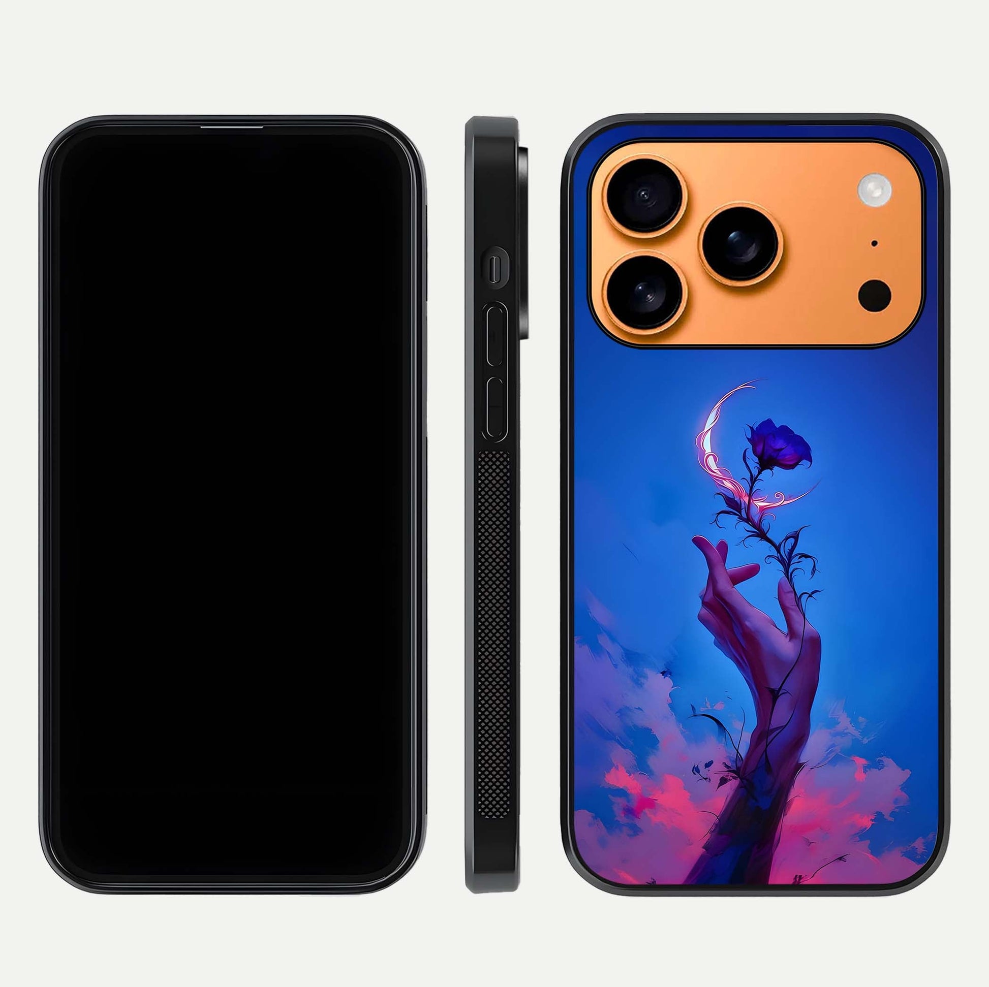 Mystic Hand Glass Case for iPhone 17 Pro Max front & back layout highlighting mystic design and smooth edges
