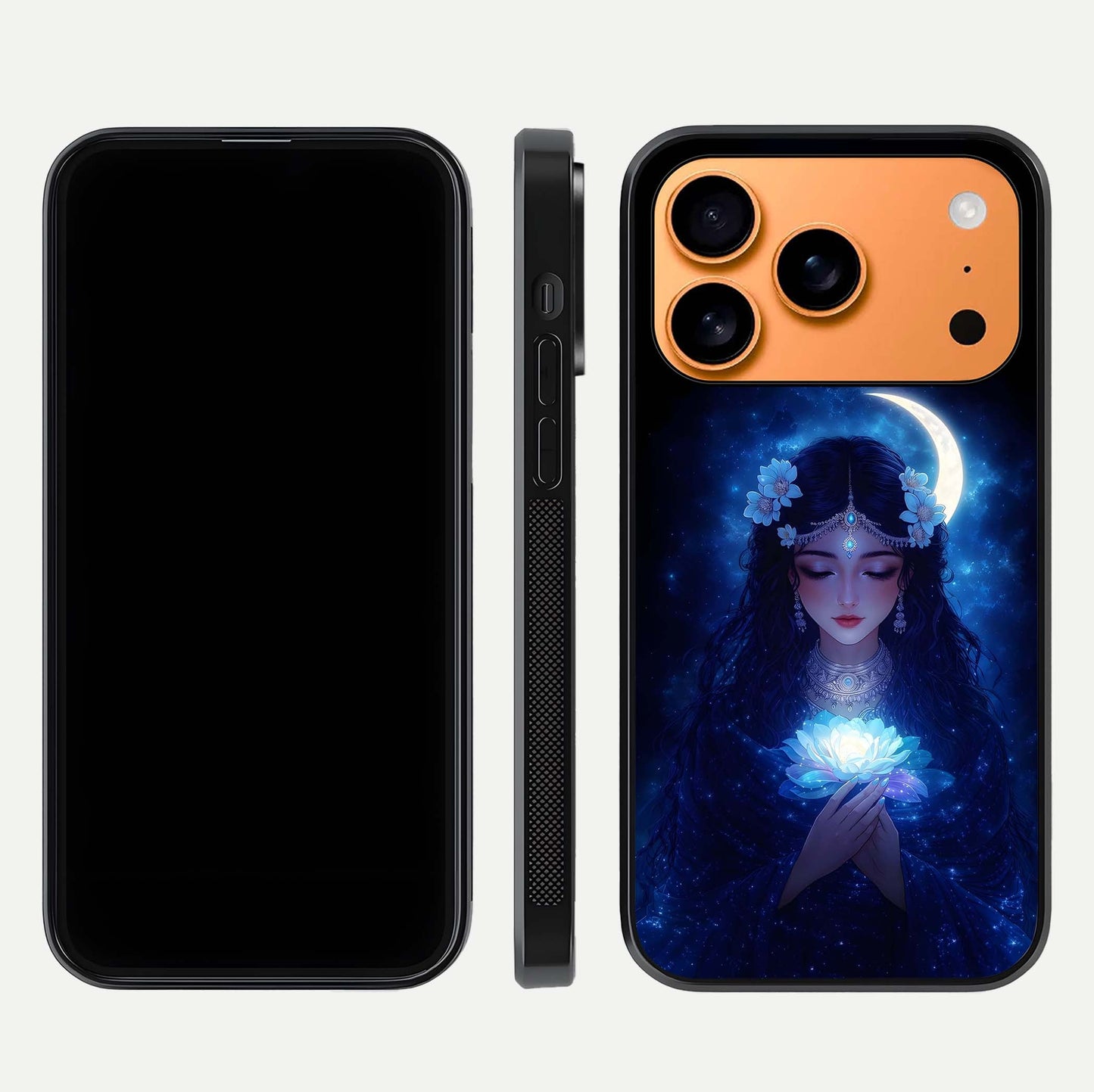 Mystic Moon Queen Glass Case for iPhone 17 Pro Max front & back layout highlighting divine illustration and edges