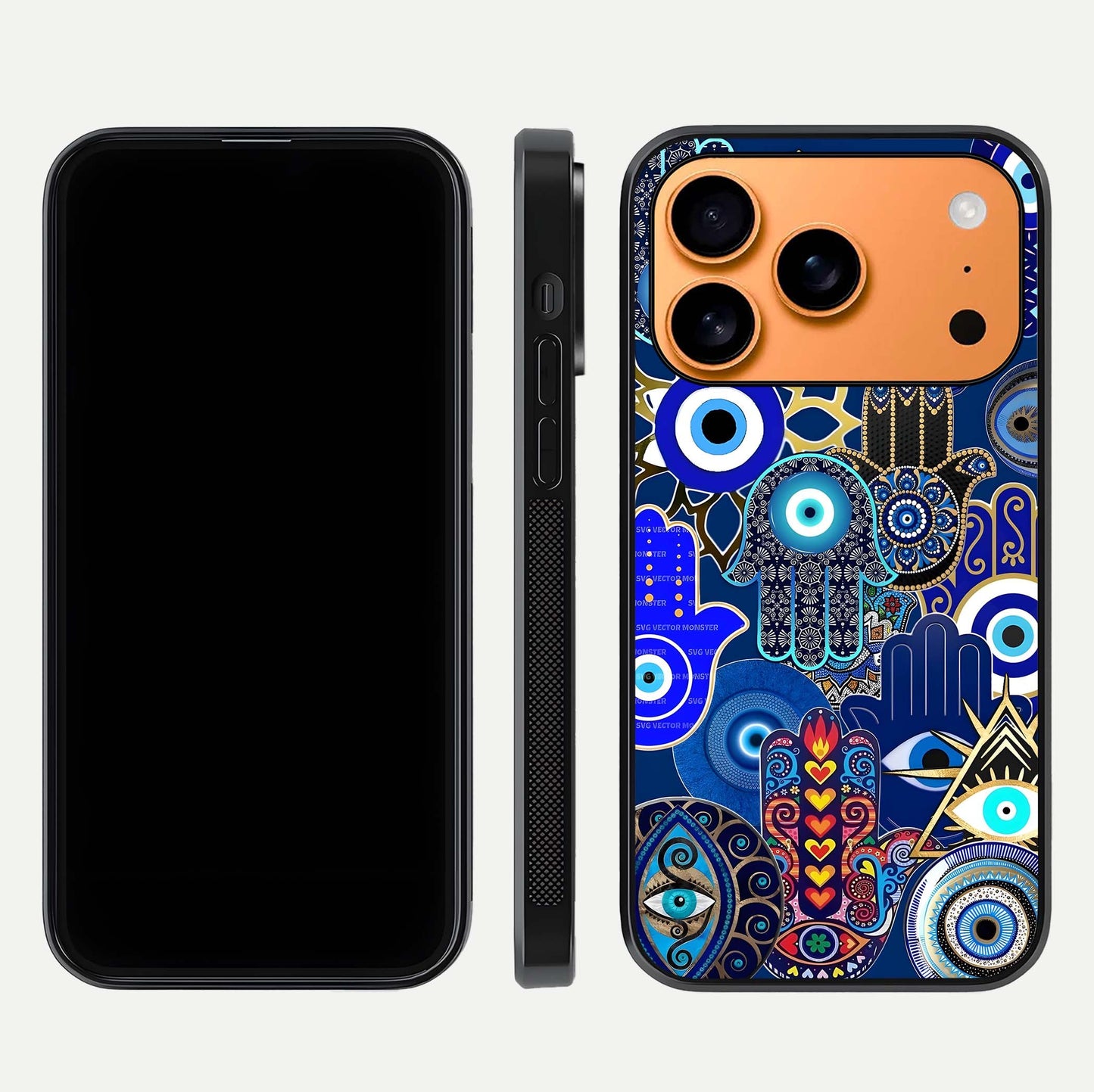 Mystic Palm Guard Glass Case for iPhone 17 Pro Max front & back layout highlighting spiritual art and edge finish