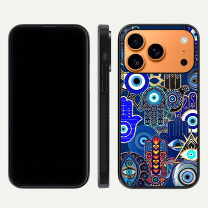 Mystic Palm Guard Glass Case for iPhone 17 Pro Max front & back layout highlighting spiritual art and edge finish