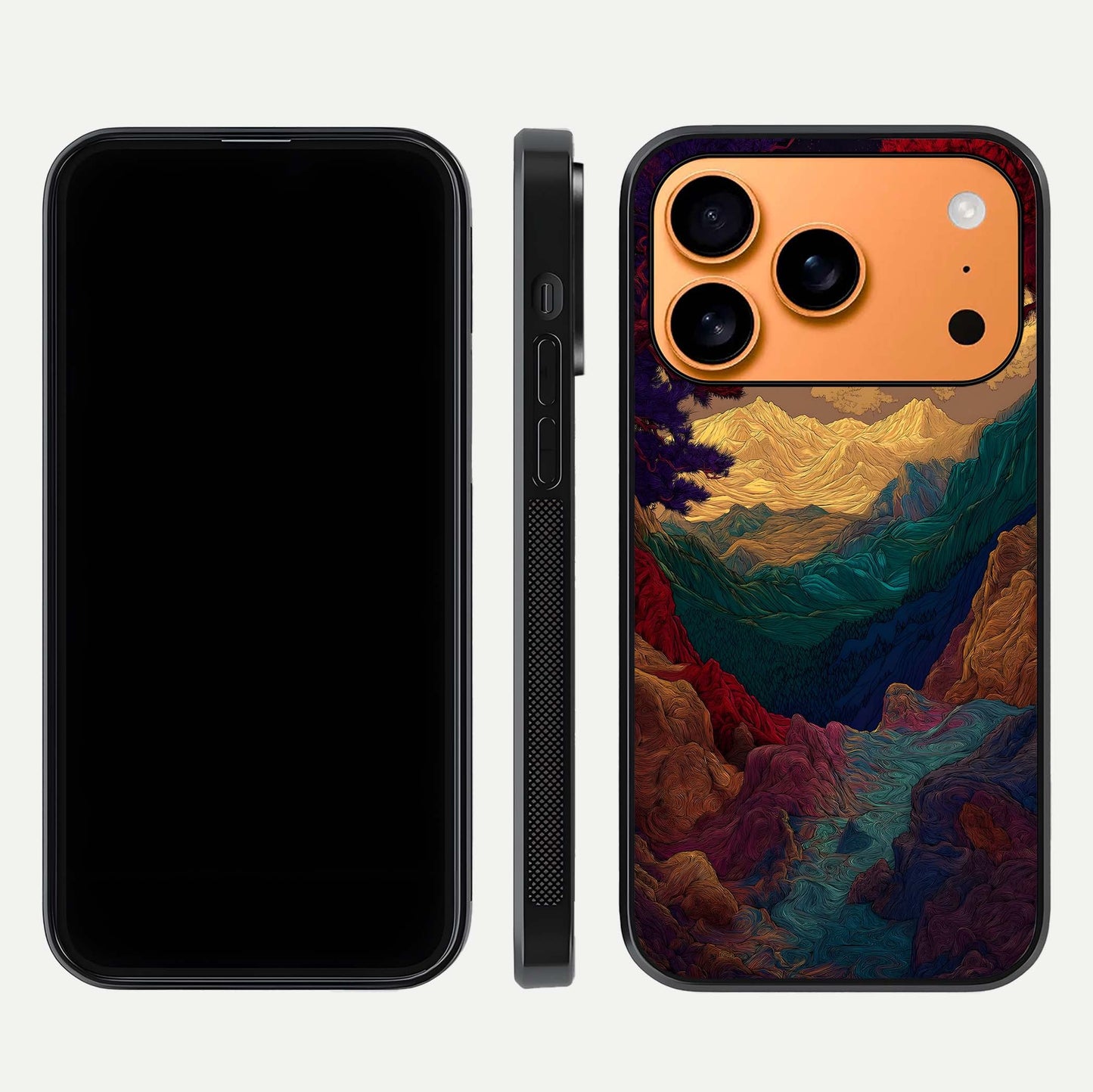 Mystic Valley Light Glass Case for iPhone 17 Pro Max front & back layout displaying landscape tones and edges