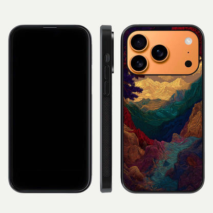 Mystic Valley Light Glass Case for iPhone 17 Pro Max front & back layout displaying landscape tones and edges