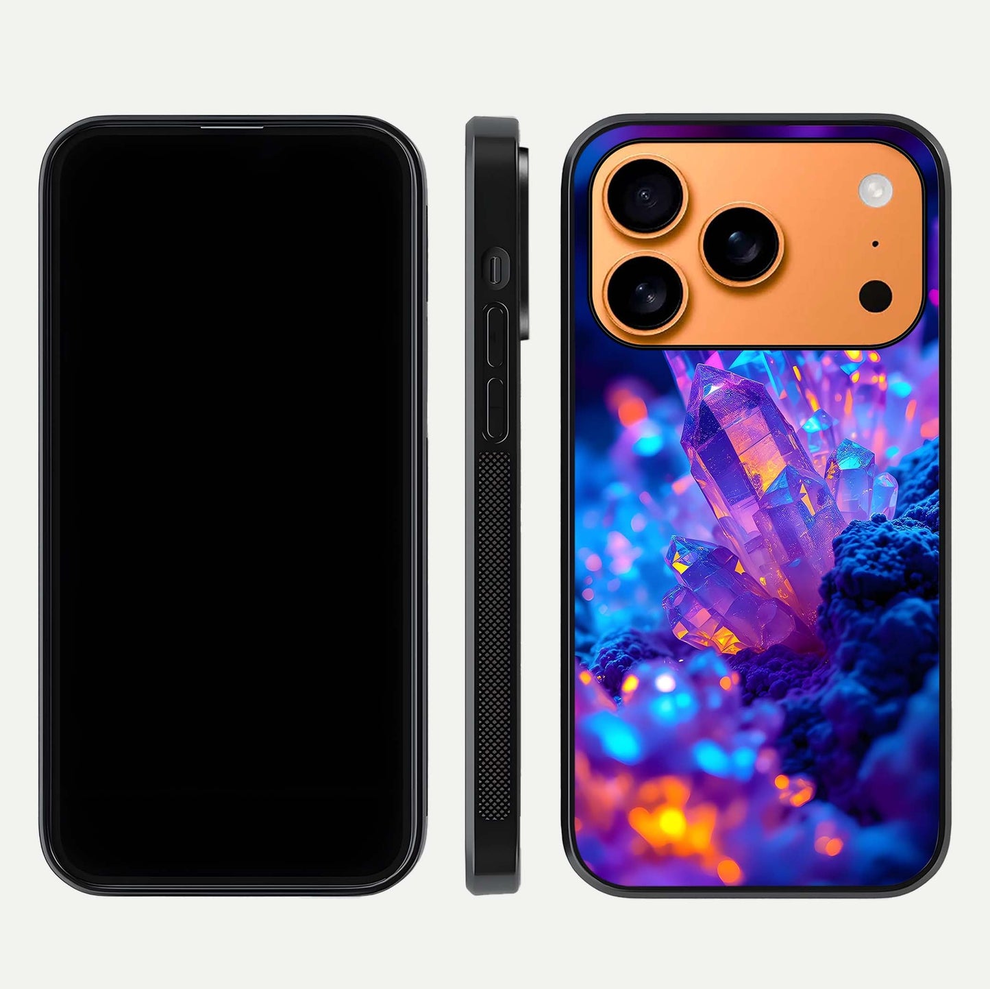 Neon Aura Shards Glass Case for iPhone 17 Pro Max front & back layout showing vivid tones and edge finish