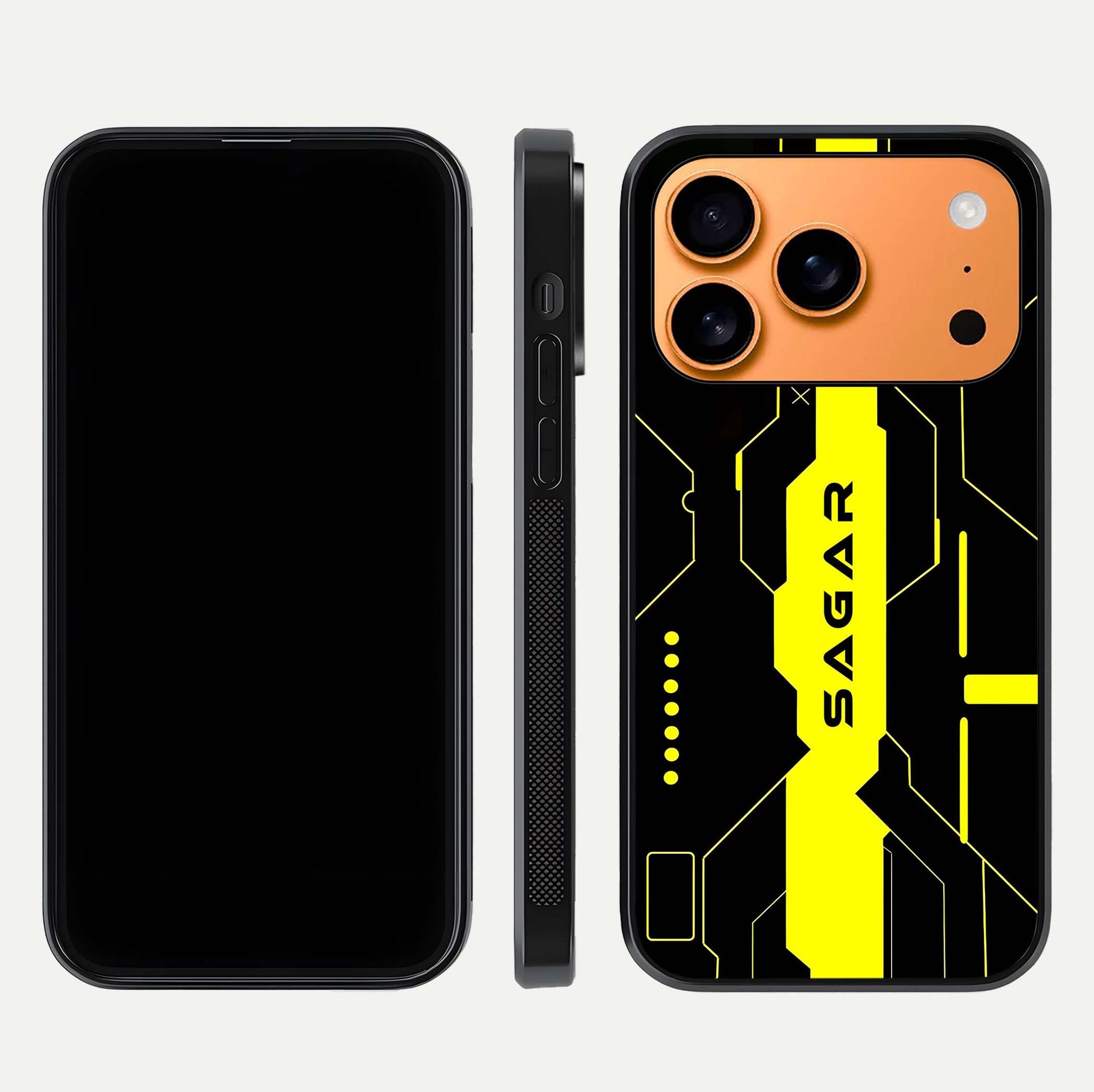 Neon CYBERPUNK Custom Name Glass Case for iPhone 17 Pro Max front & back layout showing tech art and custom edge