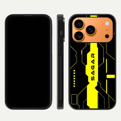 Neon CYBERPUNK Custom Name Glass Case for iPhone 17 Pro Max front & back layout showing tech art and custom edge