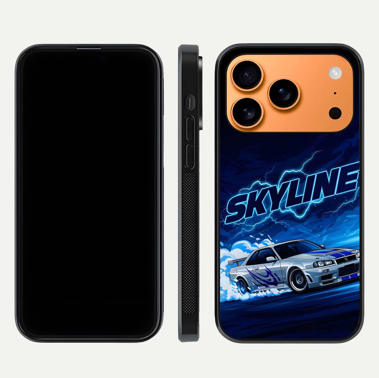 Neon Drift Beast Glass Case for iPhone 17 Pro Max front & back layout showing car silhouette and edge design