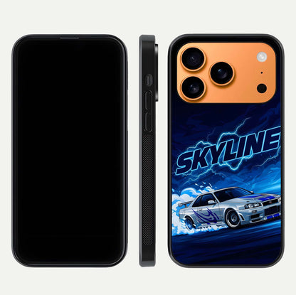 Neon Drift Beast Glass Case for iPhone 17 Pro Max front & back layout showing car silhouette and edge design
