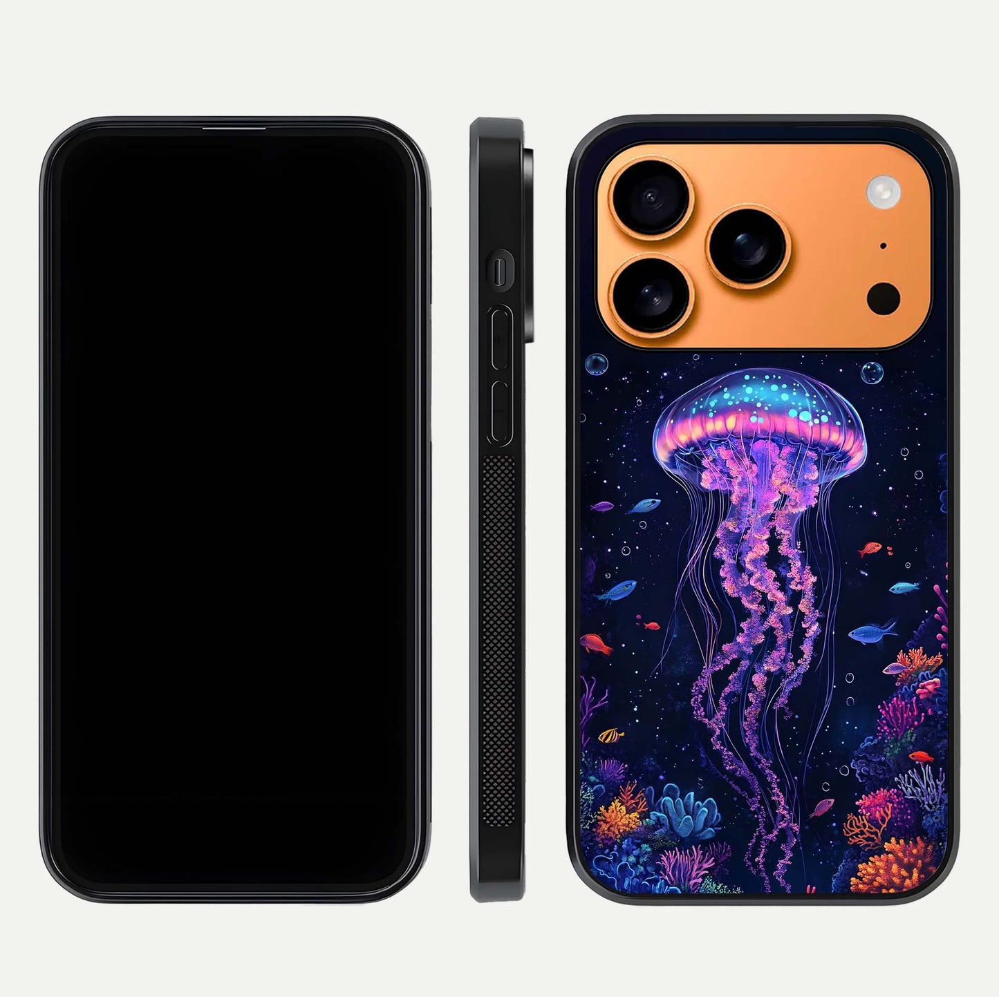 Neon Jellyfish Glass Case for iPhone 17 Pro Max front & back layout highlighting HD marine art and curved edges