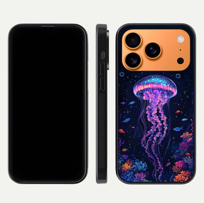 Neon Jellyfish Glass Case for iPhone 17 Pro Max front & back layout highlighting HD marine art and curved edges