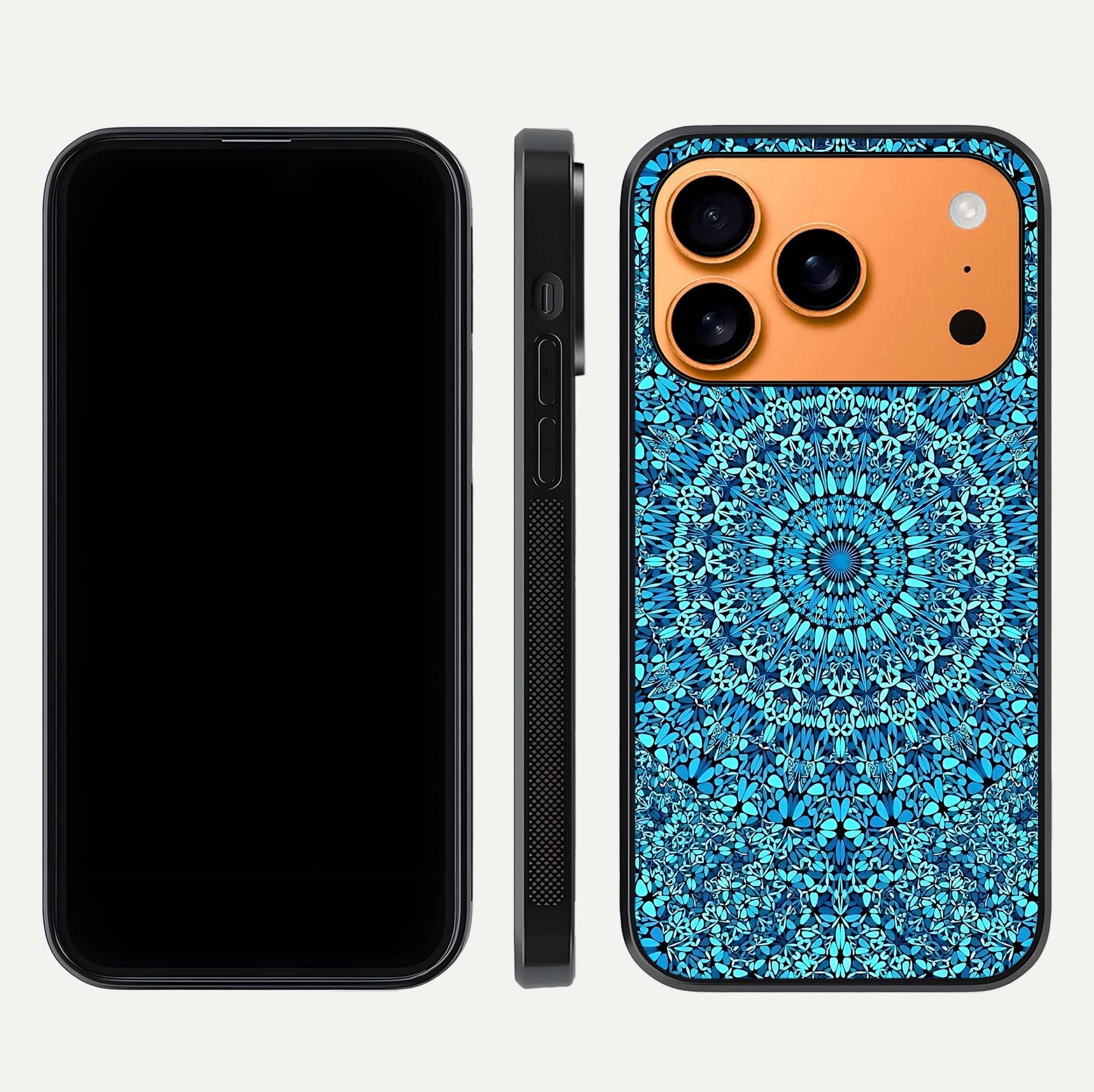 Ocean Bloom Mandala Glass Case for iPhone 17 Pro Max front & back layout showing ocean tone design and edges
