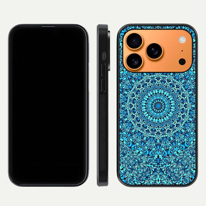 Ocean Bloom Mandala Glass Case for iPhone 17 Pro Max front & back layout showing ocean tone design and edges