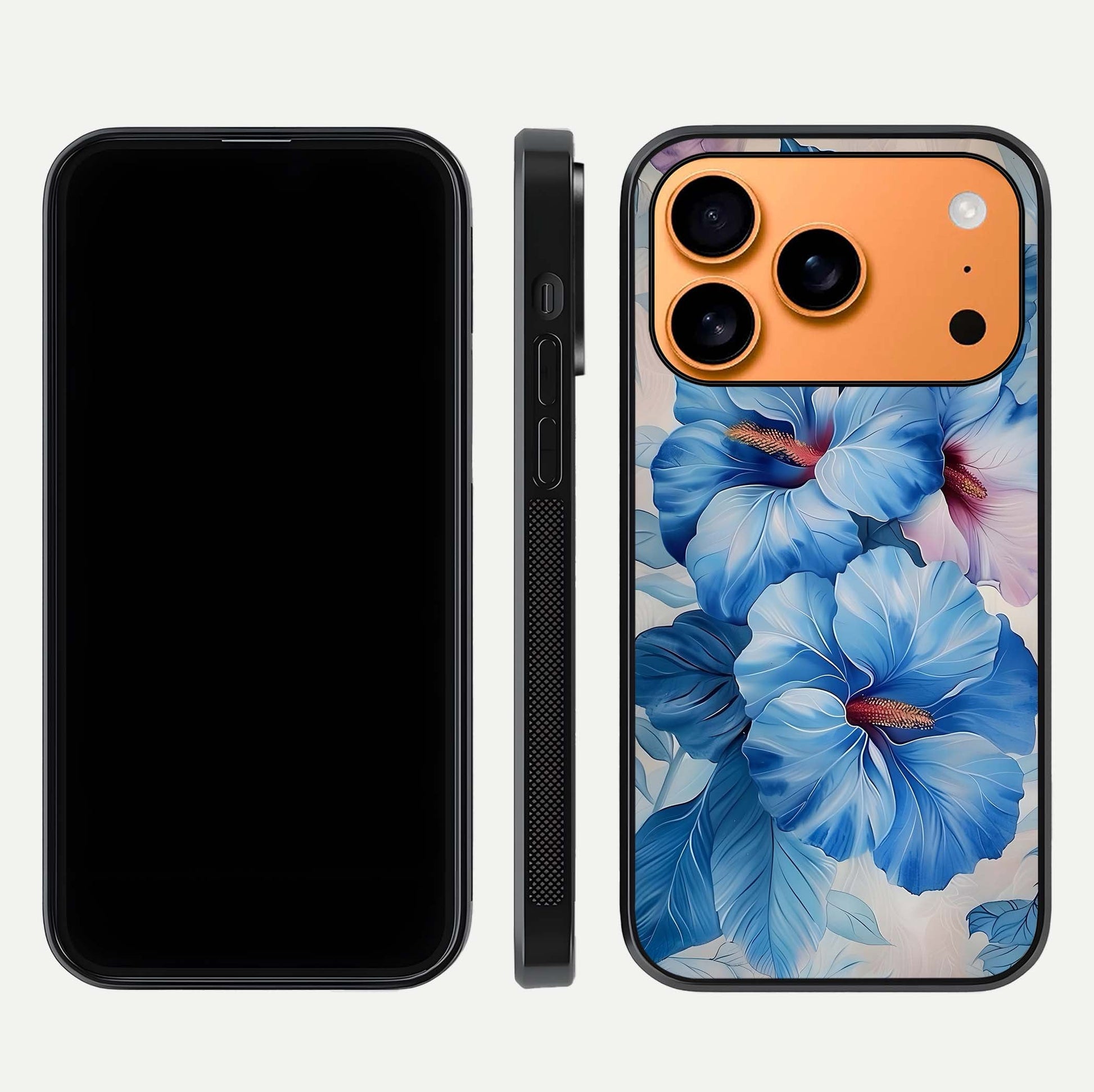 Ocean Hibiscus Grace Glass Case for iPhone 17 Pro Max front & back layout showing vibrant oceanic tones and curves