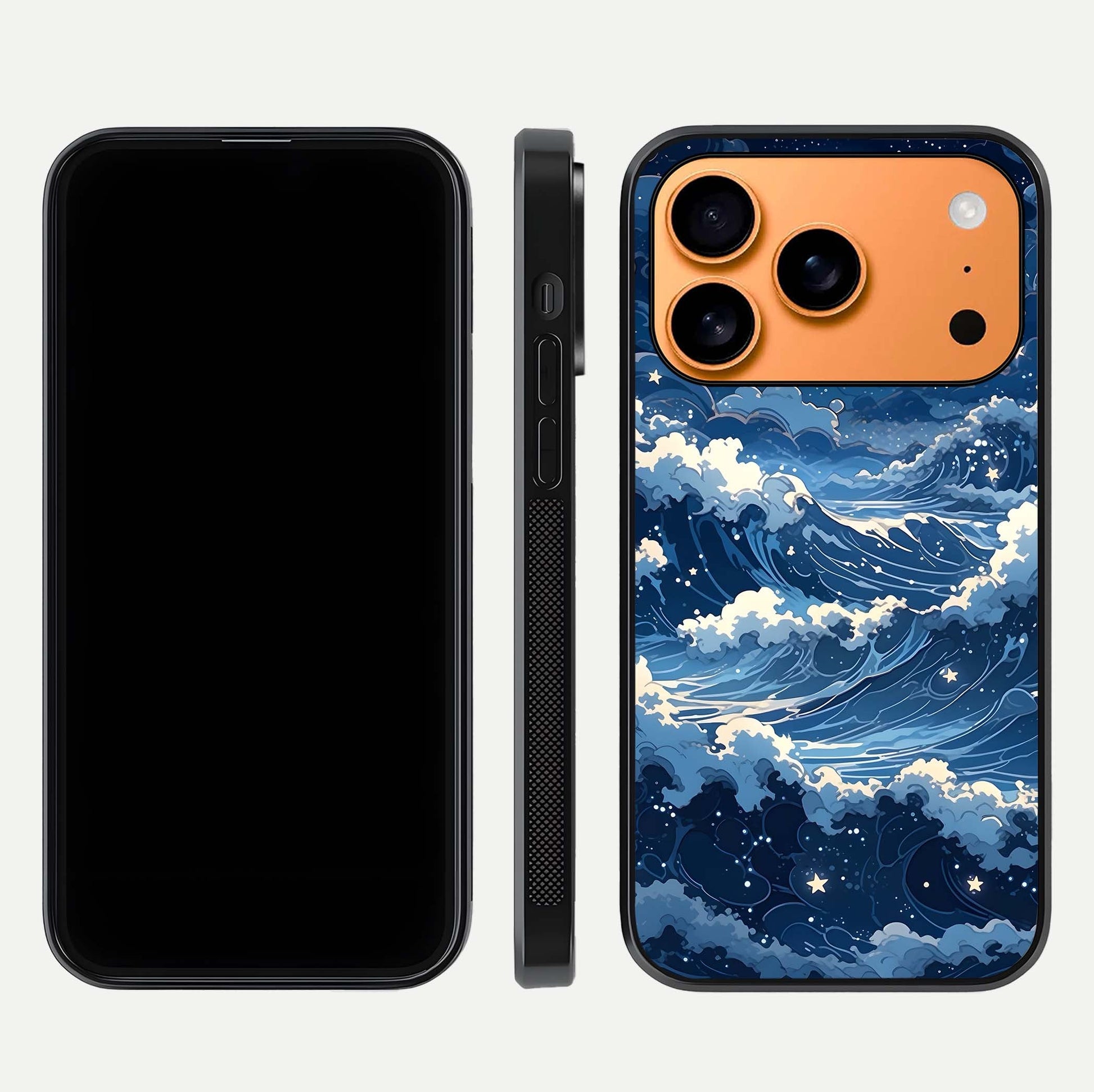 Ocean Moon Waves Glass Case for iPhone 17 Pro Max front & back layout highlighting water flow and smooth edges