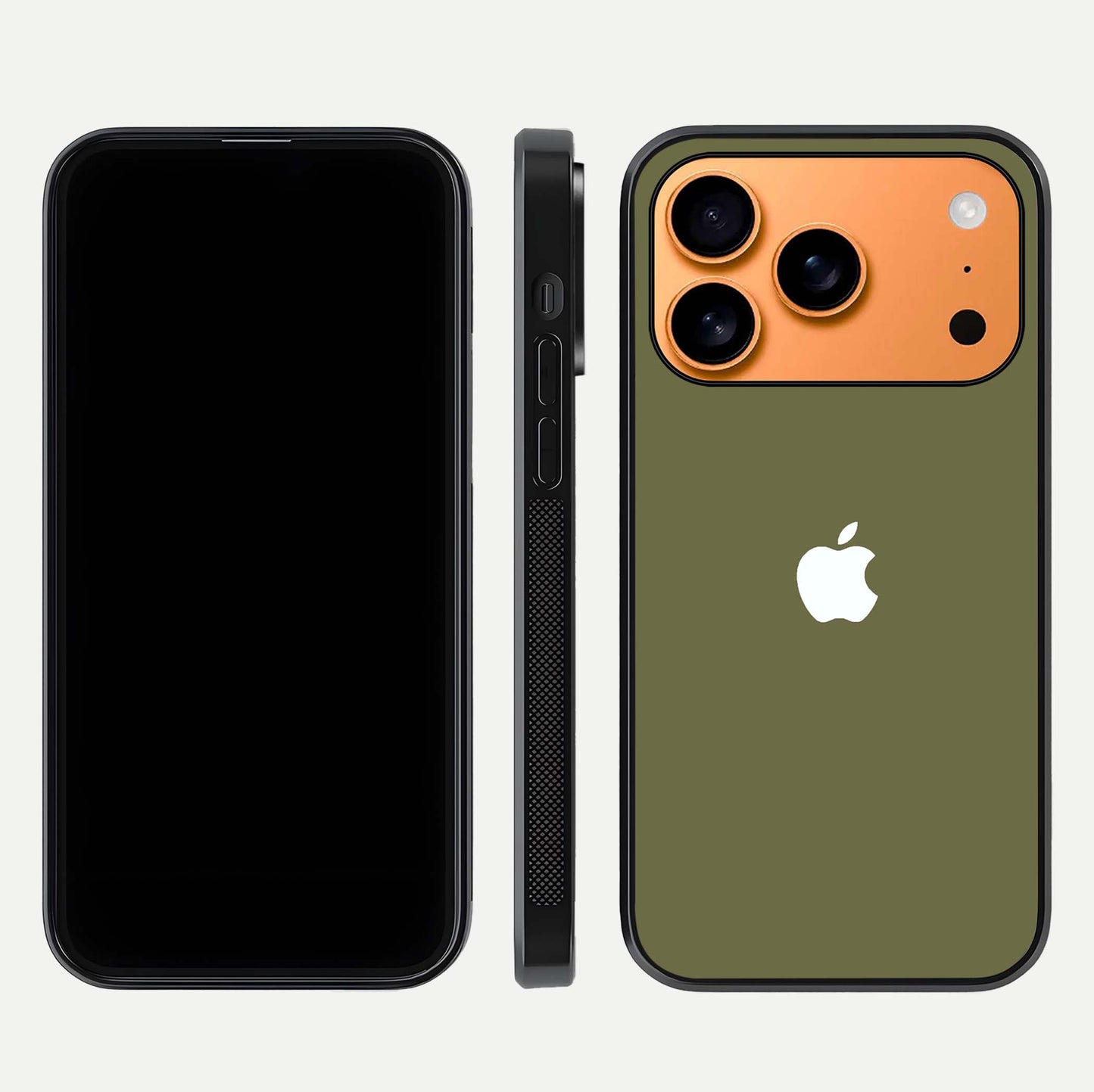 Olive Matte Essence Glass Case for iPhone 17 Pro Max front & back layout highlighting simple design and clean edges