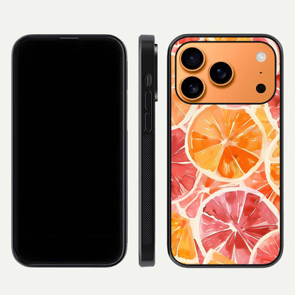 Orange Fruits Pattern Glass Case for iPhone 17 Pro Max front & back layout highlighting bright colors and clean edges