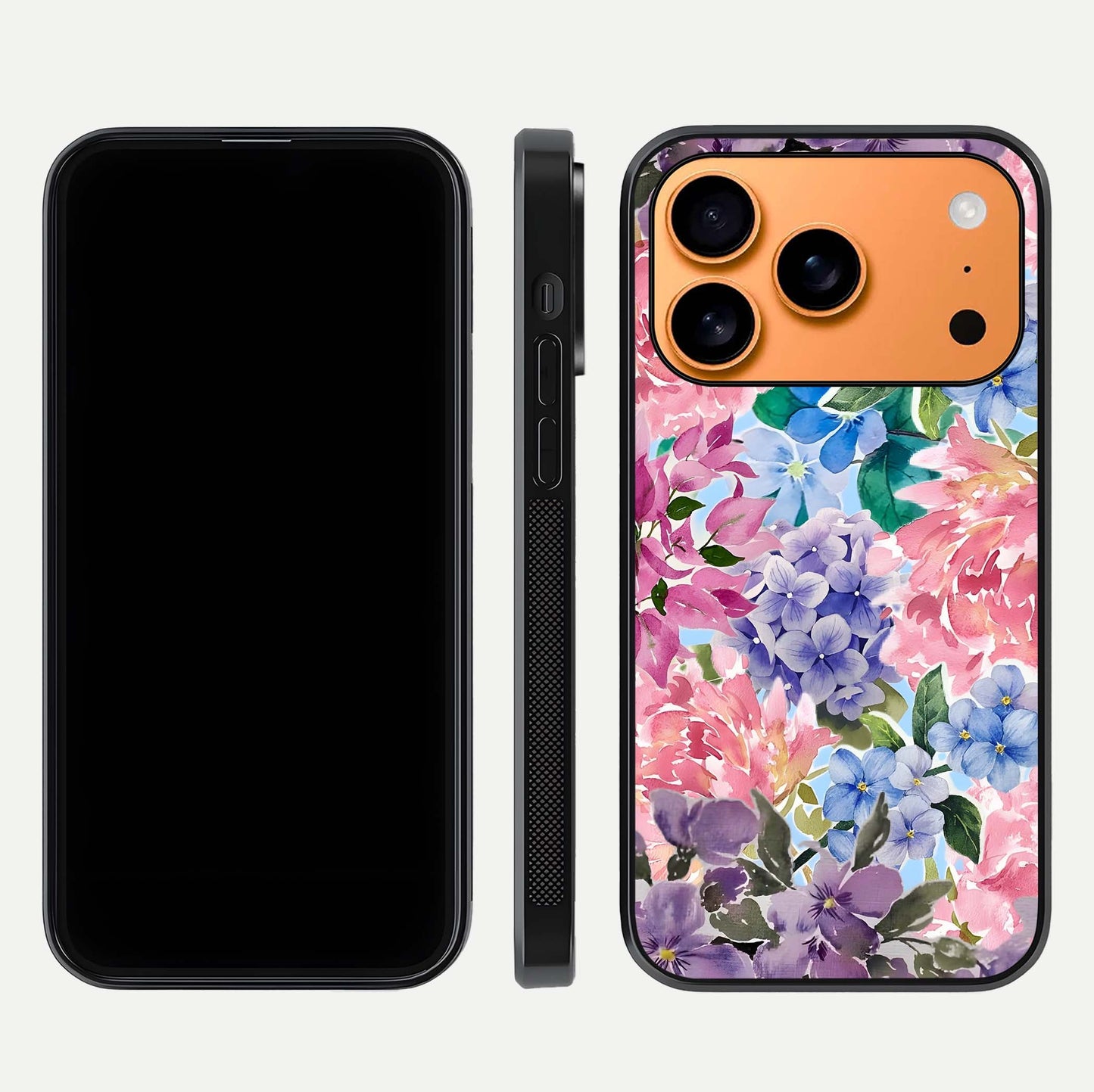 Pastel Floral Mix Glass Case for iPhone 17 Pro Max front & back layout showing gentle tones and elegant edges