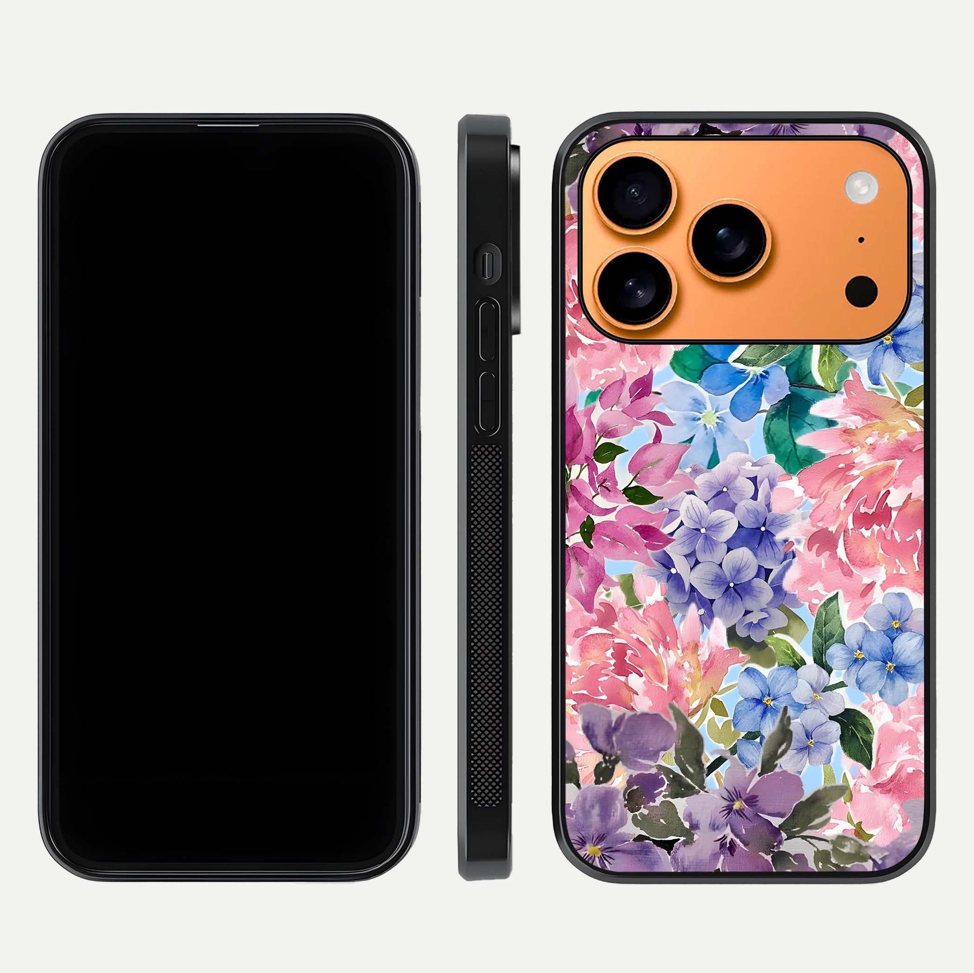 Pastel Floral Mix Glass Case for iPhone 17 Pro Max front & back layout showing gentle tones and elegant edges