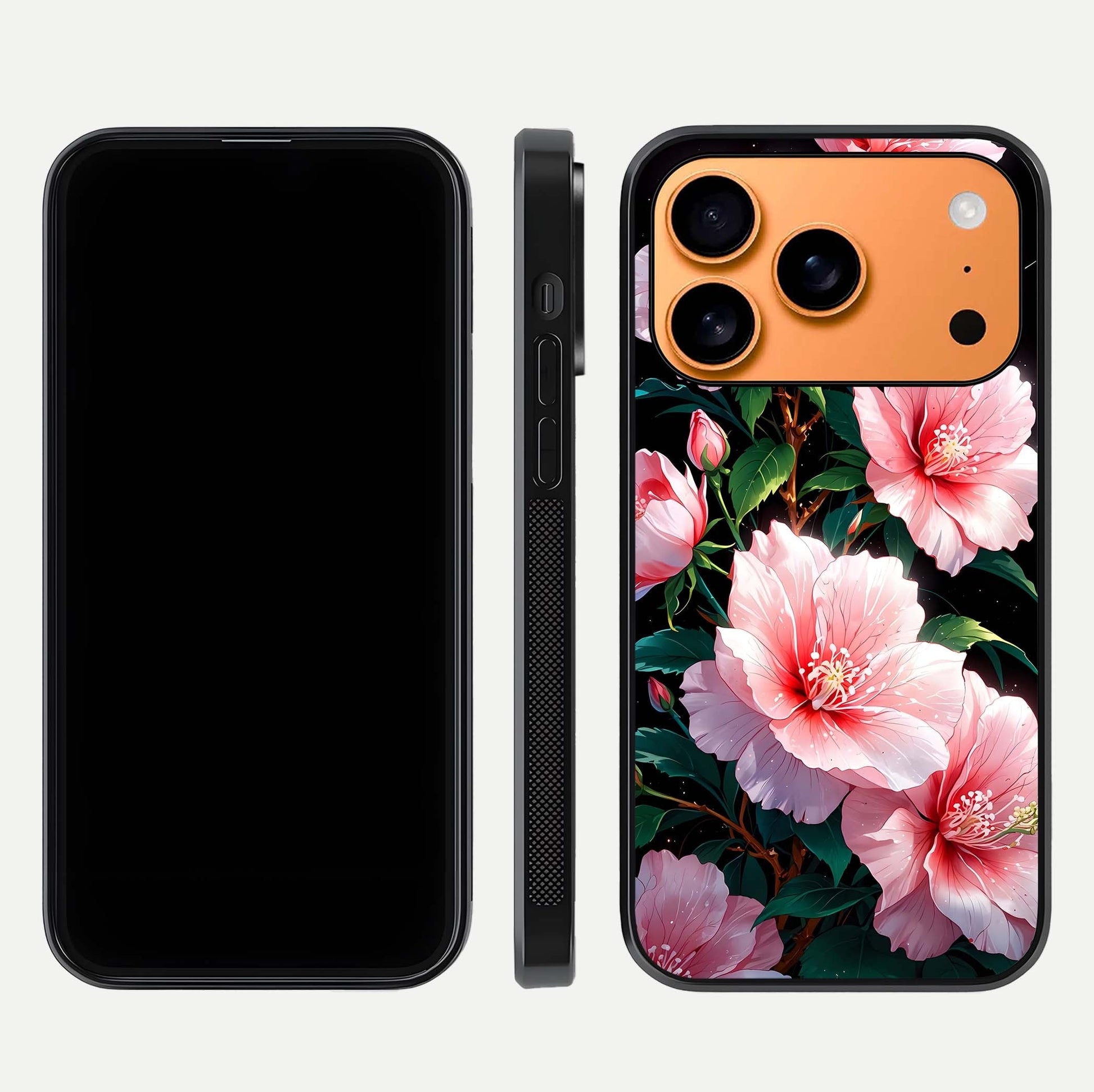 Peach Flower Glass Case for iPhone 17 Pro Max front & back layout showing elegant floral tones and smooth edges