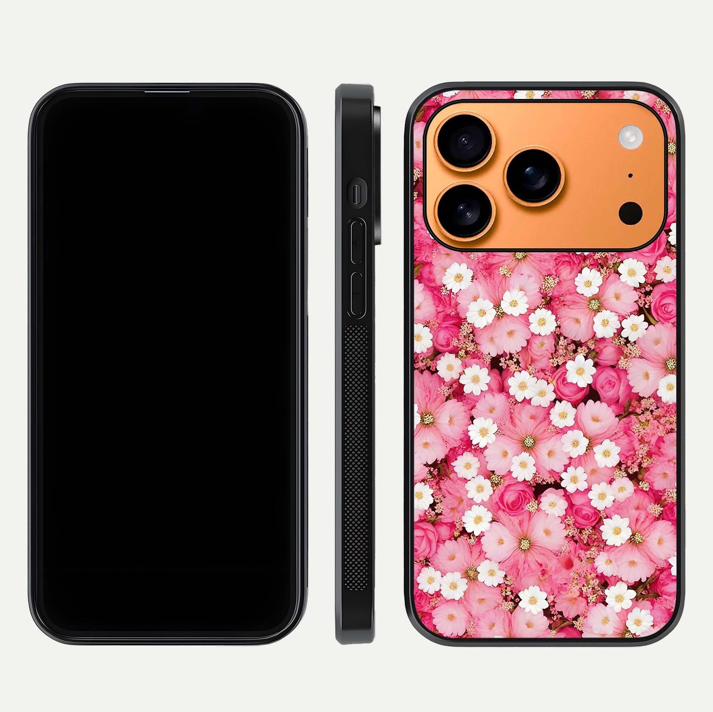 Pink Daisy Bliss Glass Case for iPhone 17 Pro Max front & back layout showing HD floral tones and edge finish