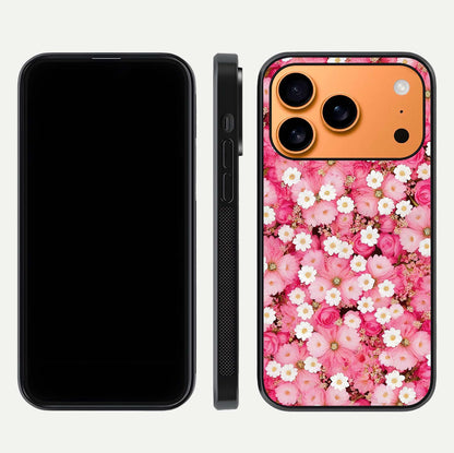 Pink Daisy Bliss Glass Case for iPhone 17 Pro Max front & back layout showing HD floral tones and edge finish