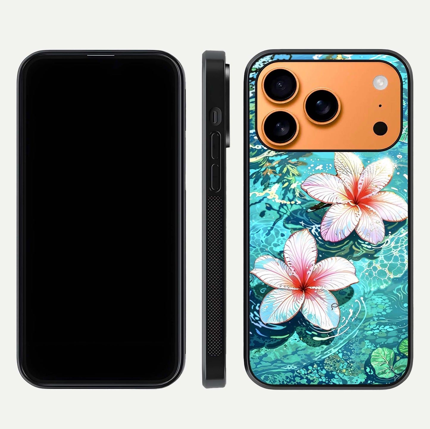 Pink Flowers in Water Glass Case for iPhone 17 Pro Max front & back layout showing elegant pastel floral tones