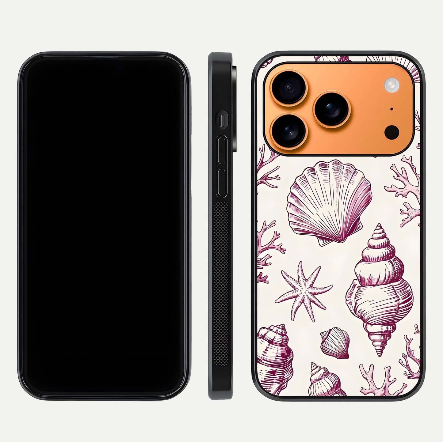 Pink Shells Outline Glass Case for iPhone 17 Pro Max front & back layout showing soft pastel tones and edge design