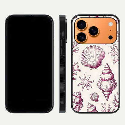Pink Shells Outline Glass Case for iPhone 17 Pro Max front & back layout showing soft pastel tones and edge design