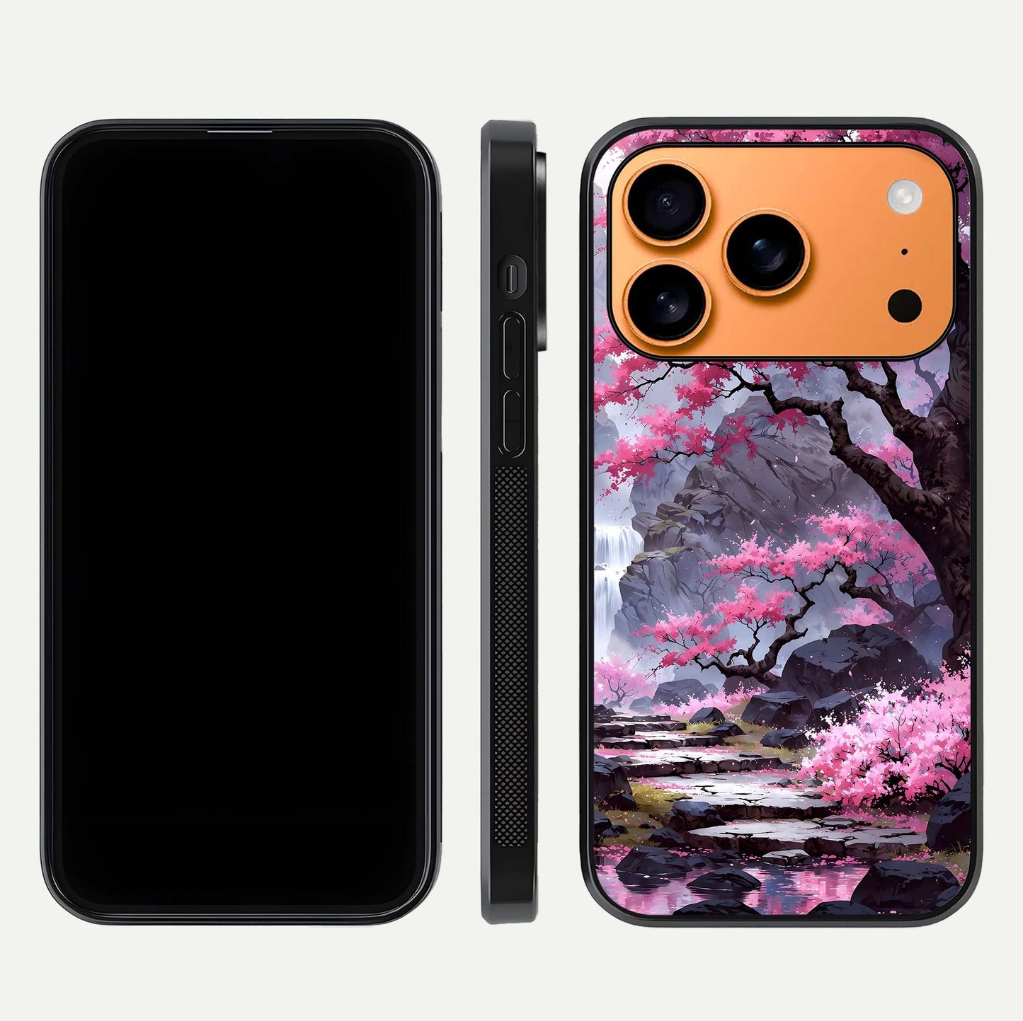 Pinkish Scenery Glass Case for iPhone 17 Pro Max front & back layout showing landscape art and curved edge finish