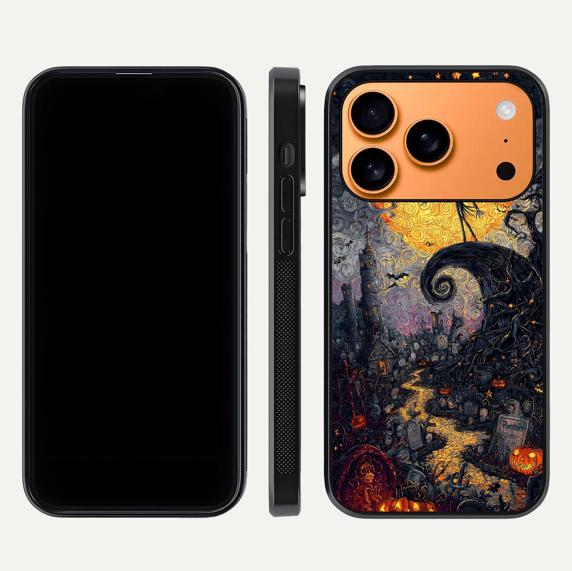 Pumpkin Moon Night Glass Case for iPhone 17 Pro Max front & back layout highlighting festive tones and smooth edges