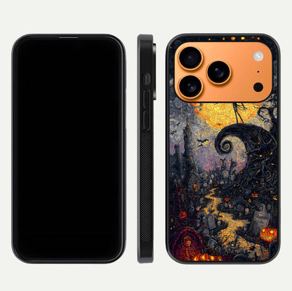 Pumpkin Moon Night Glass Case for iPhone 17 Pro Max front & back layout highlighting festive tones and smooth edges