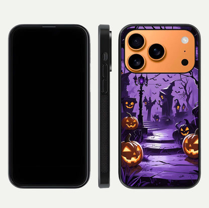 Pumpkin Patch Halloween Glass Case for iPhone 17 Pro Max front & back layout showing festive Halloween print