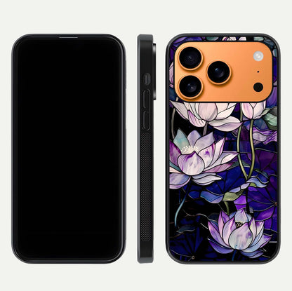 Purple Lotus Pattern Glass Case for iPhone 17 Pro Max front & back layout highlighting floral tones and soft edges