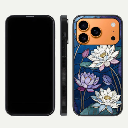 Purple Lotus Stained Glass Case for iPhone 17 Pro Max front & back layout showing bright tones and smooth edge finish