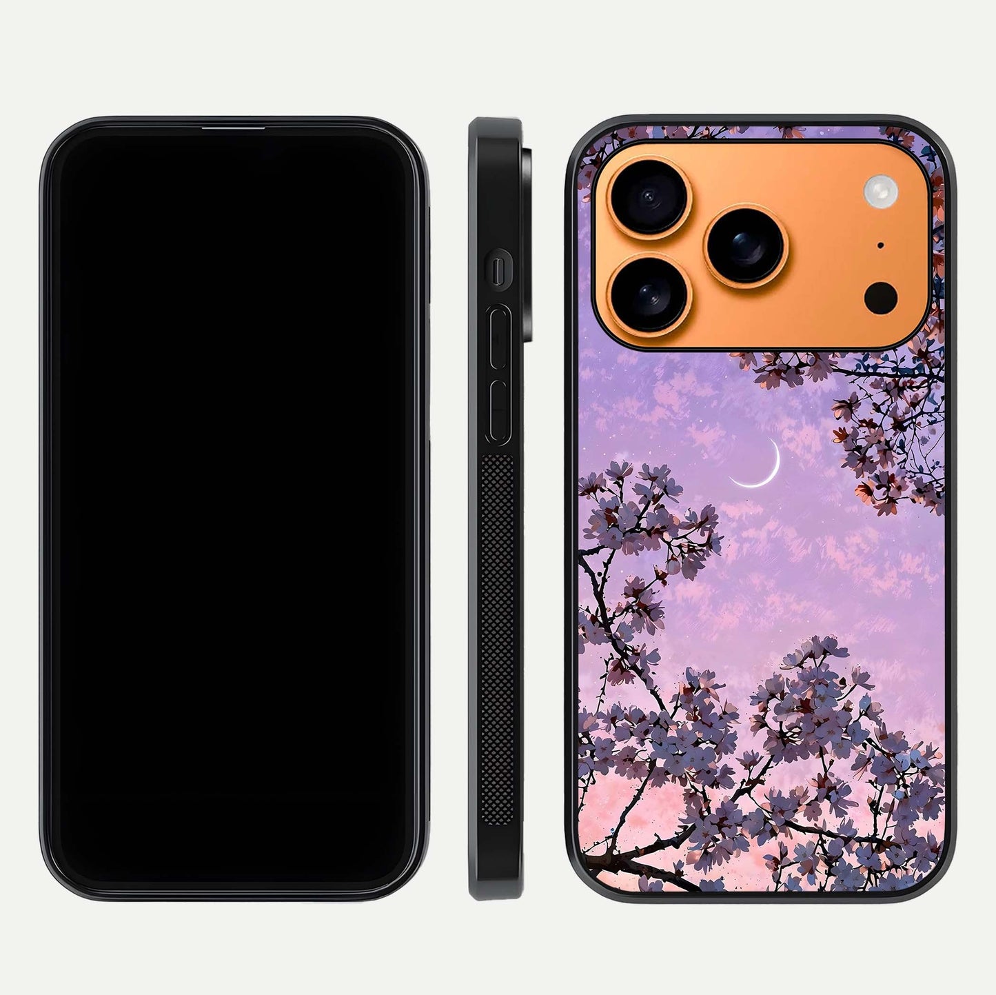 Purple Serenity Moon Glass Case for iPhone 17 Pro Max front & back layout highlighting celestial tones and curves