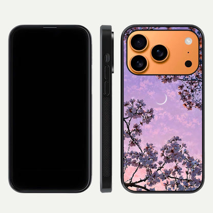 Purple Serenity Moon Glass Case for iPhone 17 Pro Max front & back layout highlighting celestial tones and curves