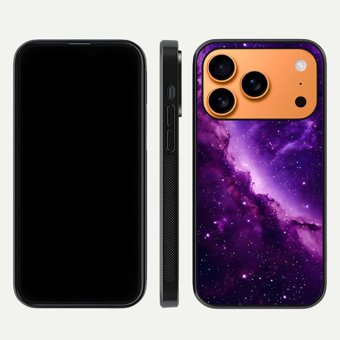 Purple Shade Sky Glass Case for iPhone 17 Pro Max front & back layout showing HD tones and clean glass edges