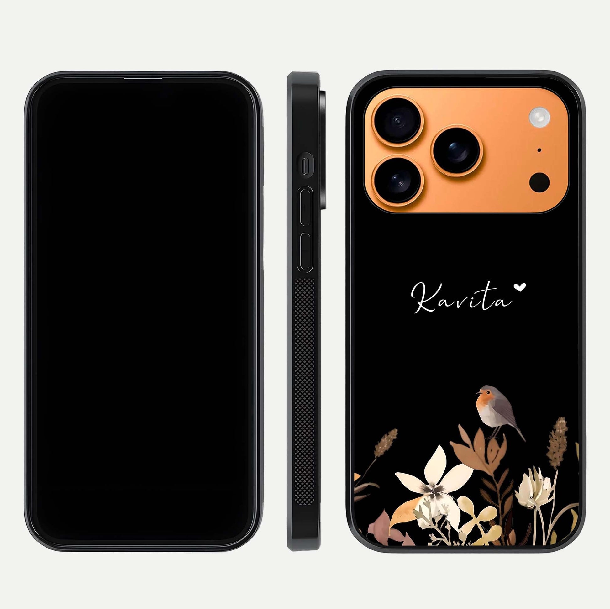 Quiet Garden Tune Custom Name Glass Case for iPhone 17 Pro Max front & back layout highlighting name area and edges