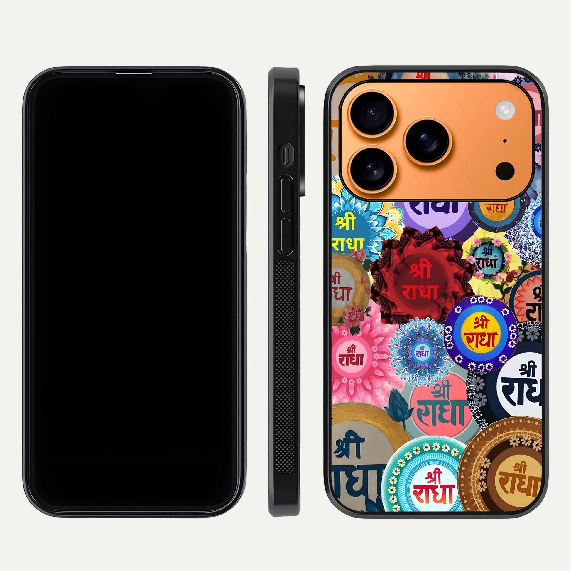 Radha Divine Bloom Glass Case for iPhone 17 Pro Max front & back layout showing spiritual tones and elegant edges