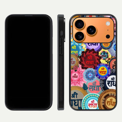 Radha Divine Bloom Glass Case for iPhone 17 Pro Max front & back layout showing spiritual tones and elegant edges