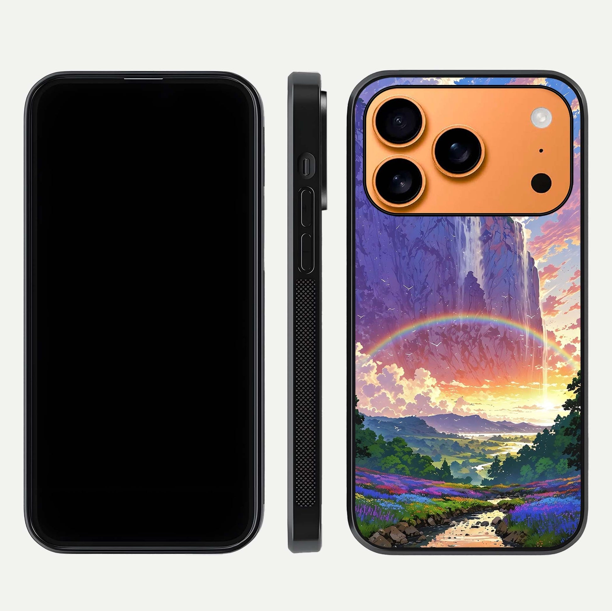Rainbow Valley Dream Glass Case for iPhone 17 Pro Max front & back layout showing smooth color blend and curved edge